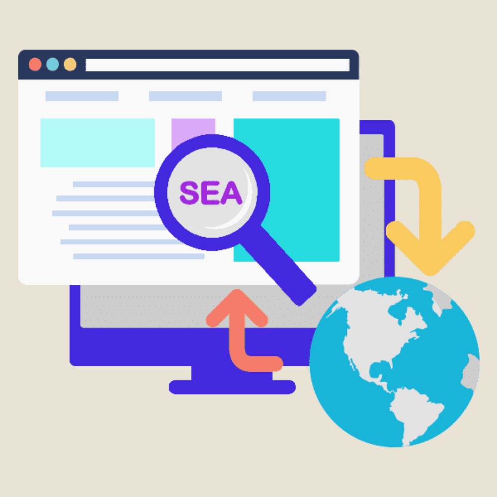 Une image montrant des icônes de moteur de recherche et des graphiques de performance pour illustrer l'importance du référencement SEA - Diamond Agency